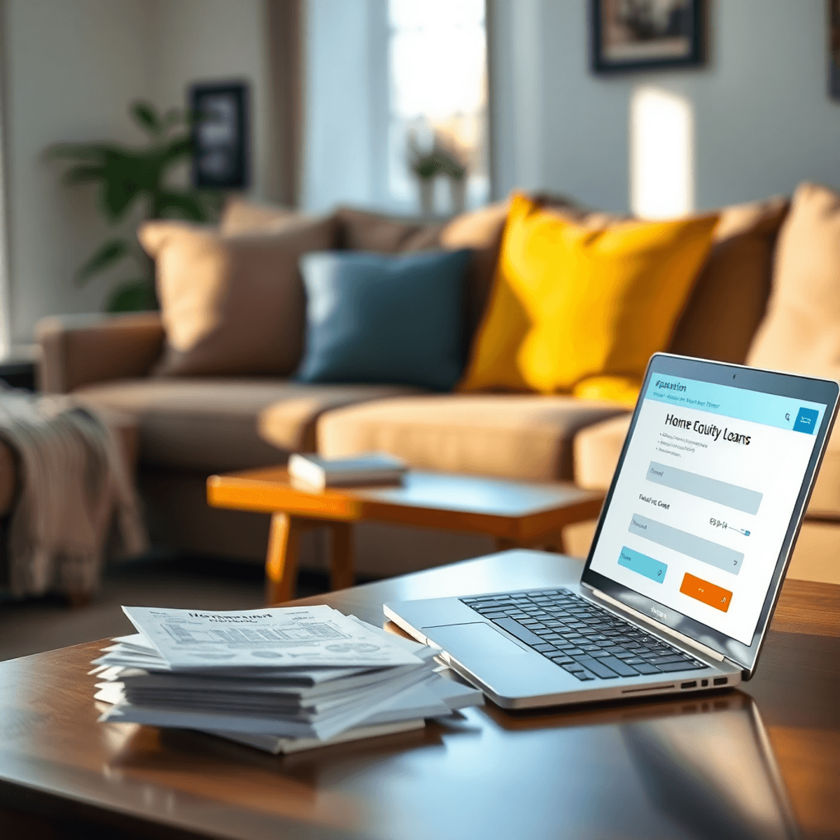 A cozy living room with a coffee table stacked with paperwork and an open laptop displaying a financial app, all bathed in soft natural light.