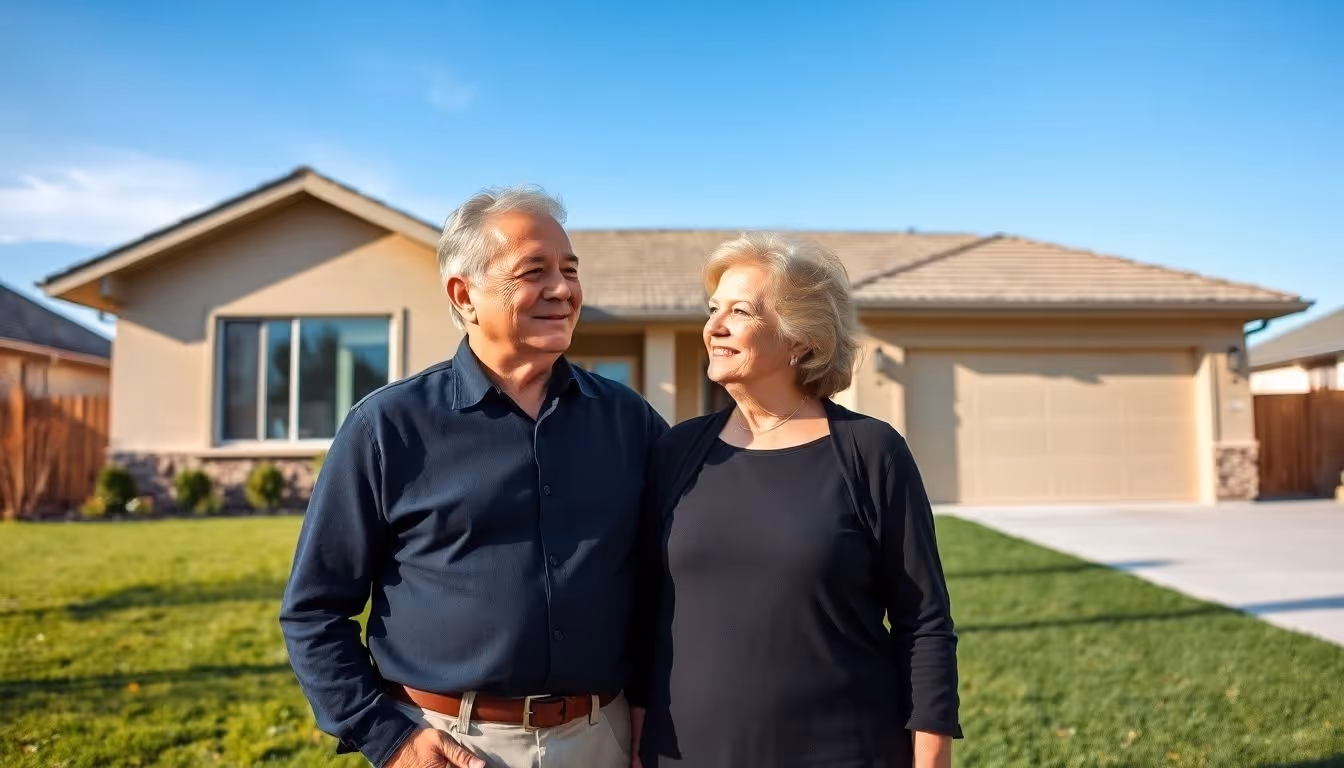 A veteran couple smiling in front of their new home.