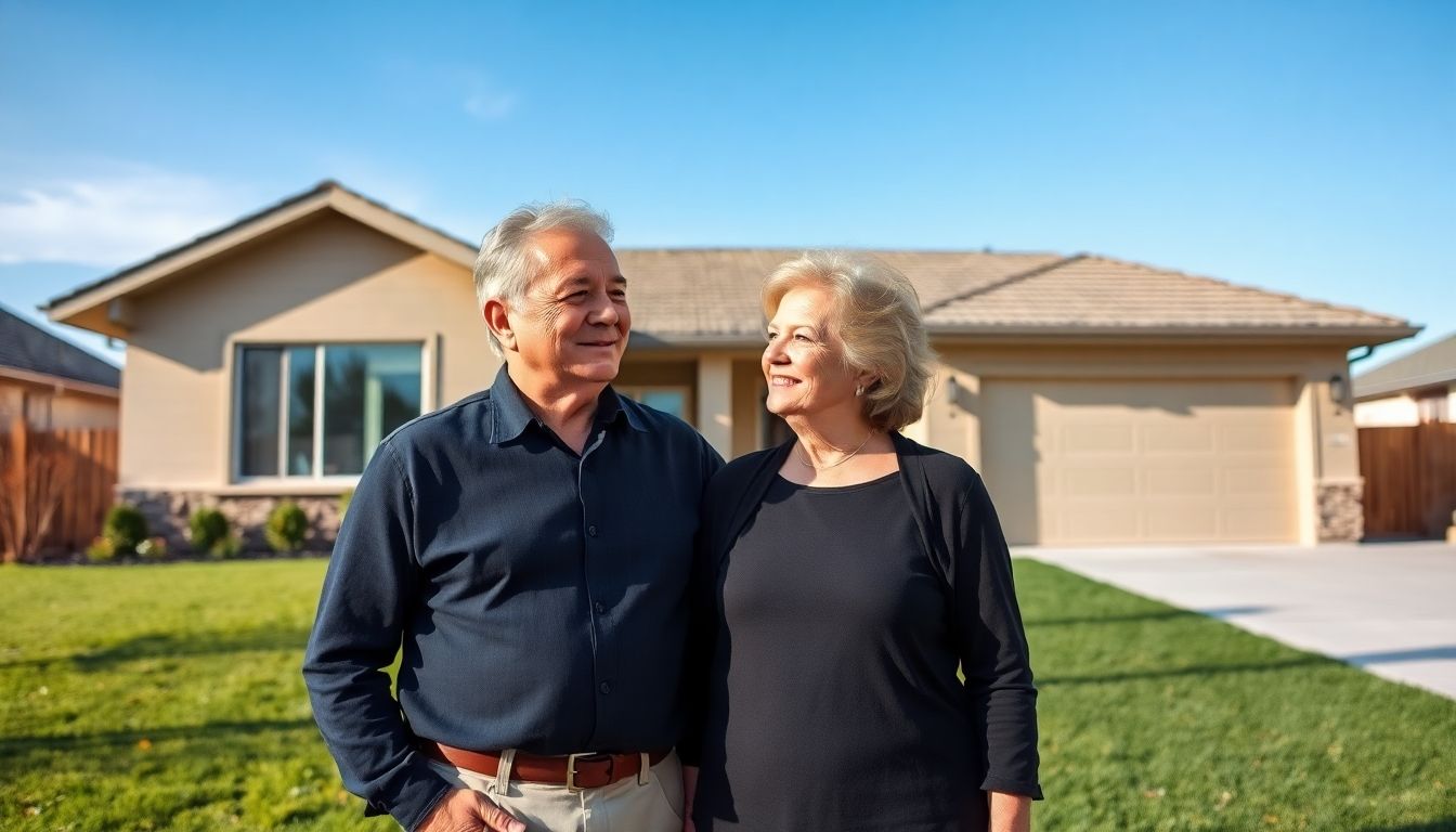 A veteran couple smiling in front of their new home.