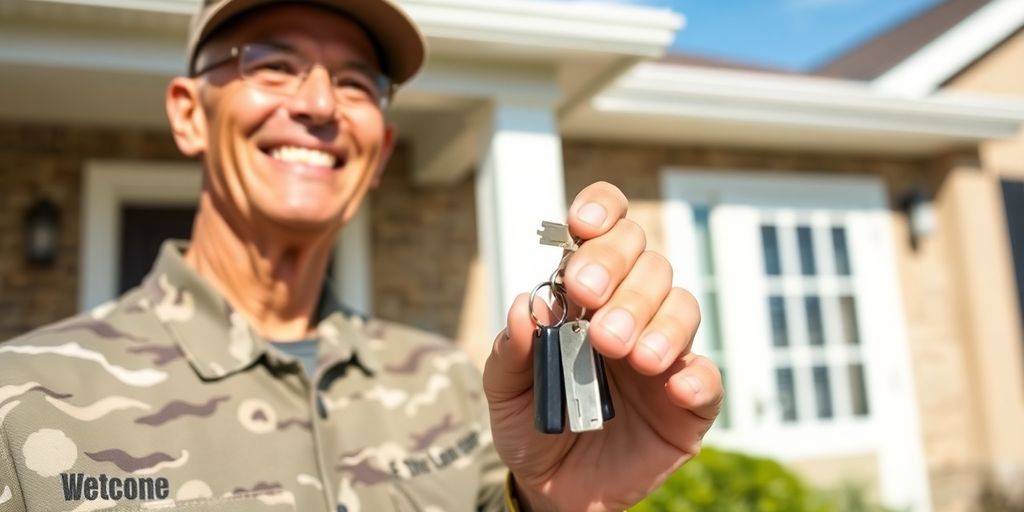 Veteran holding house keys outside their new home.