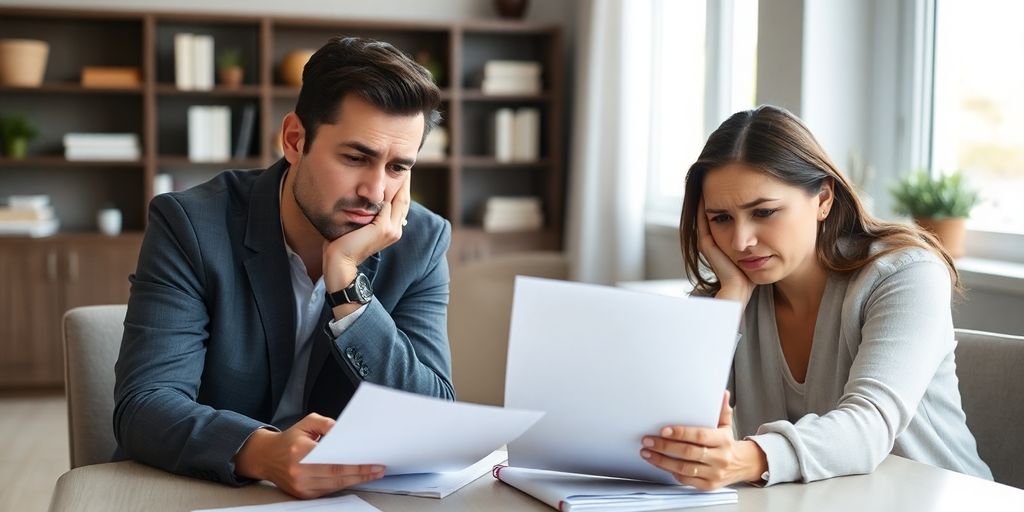 Couple discussing VA loan rejection with an agent at a table.