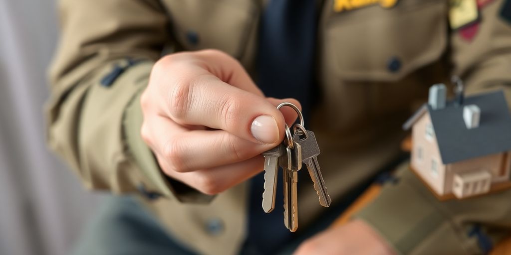 Military uniform, house keys, miniature house