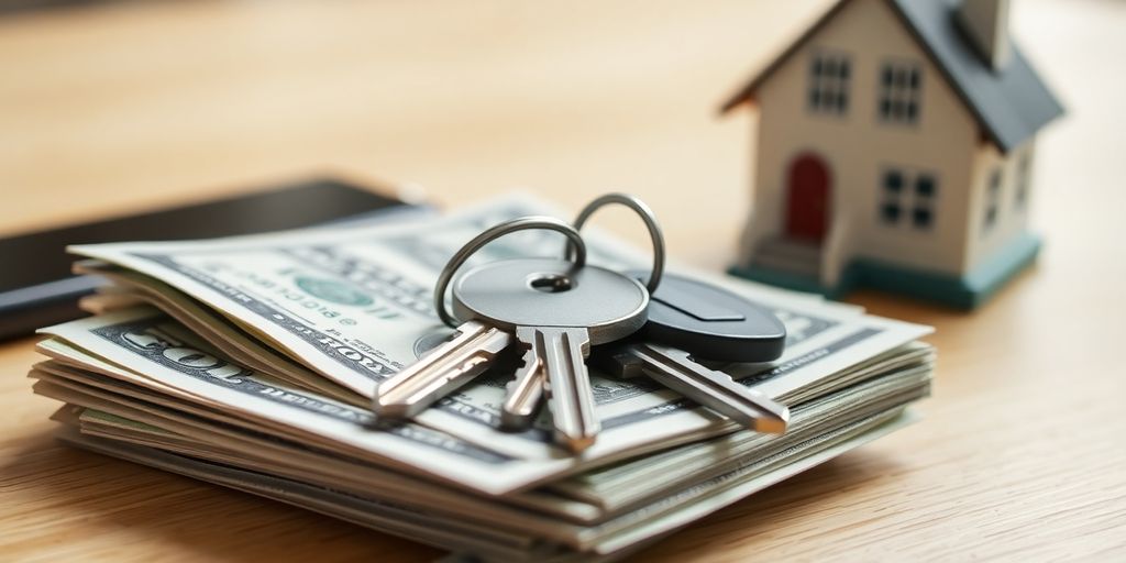 House keys, miniature home, dollar bills.