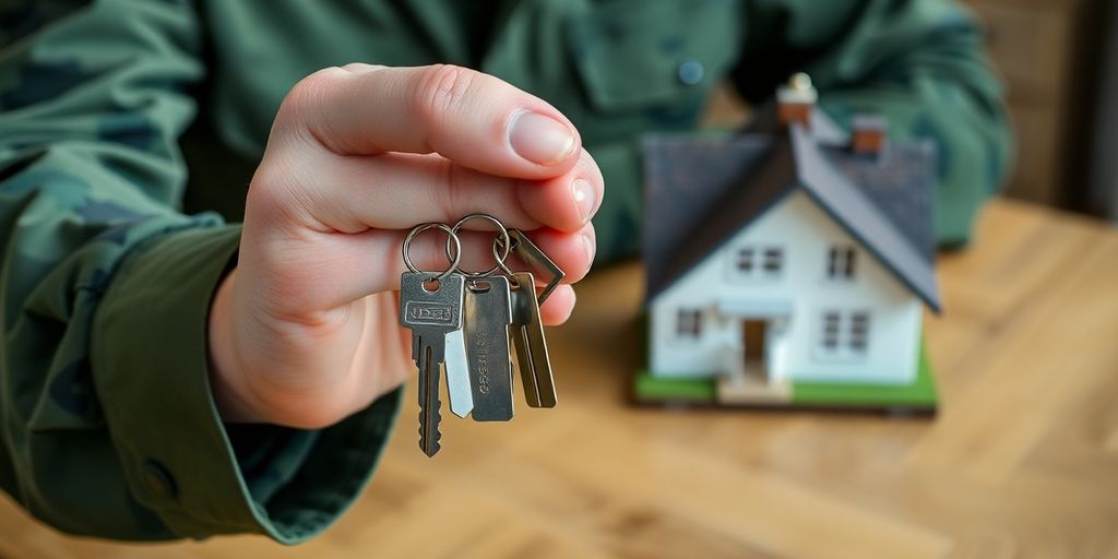 Military uniform, house keys, miniature house.