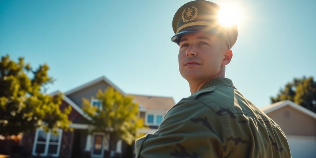 A uniformed military member stands before a house.