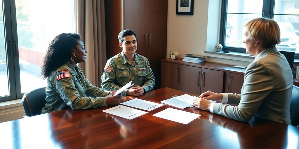 Military couple discussing finances with a VA lender.