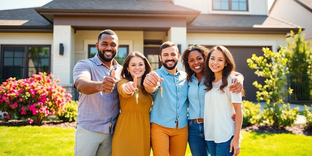 Family holding keys in front of new home.