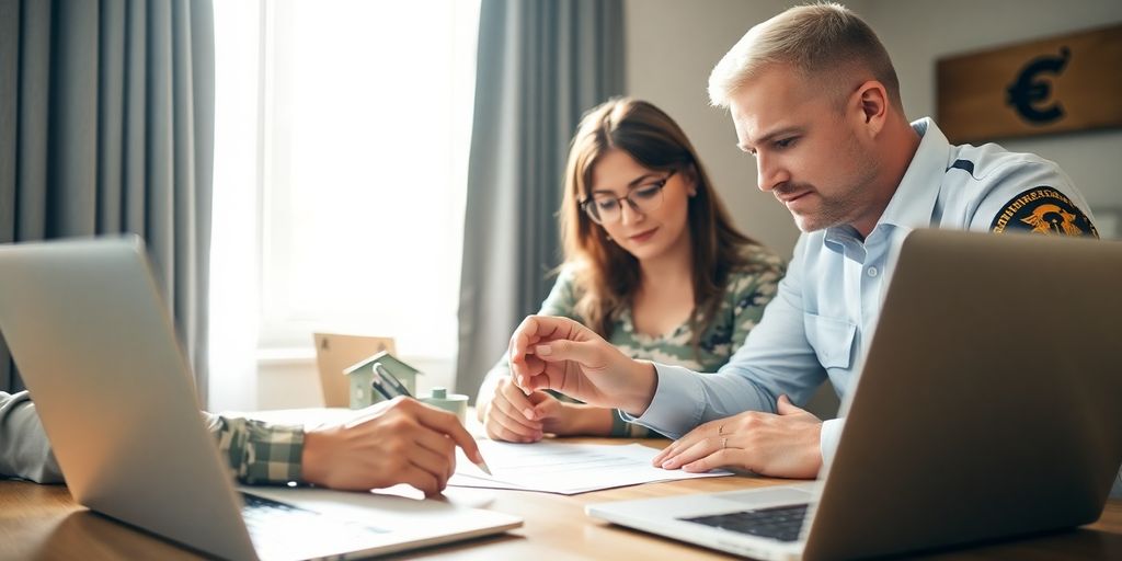 Military couple reviewing documents with a real estate agent