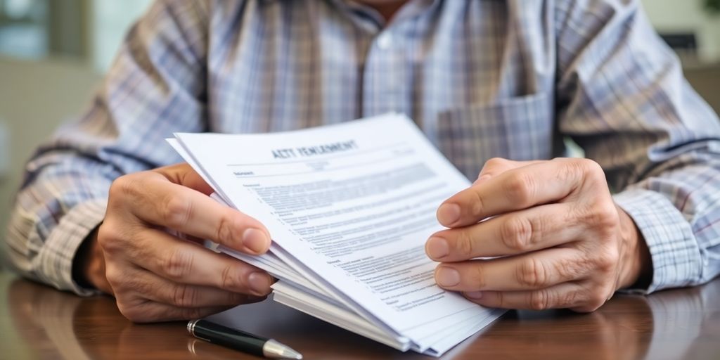 Veteran reviewing loan documents at a desk.