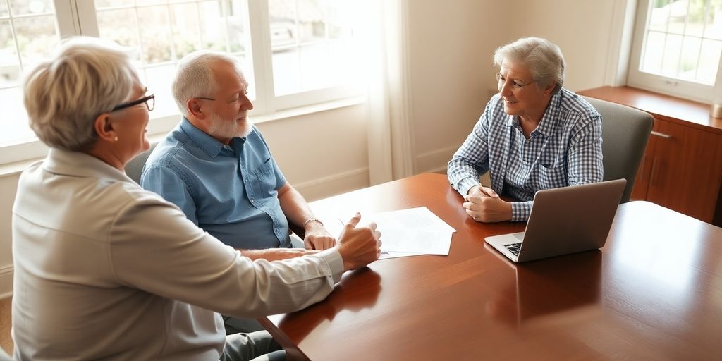 Veteran couple reviewing loan documents with a loan officer.