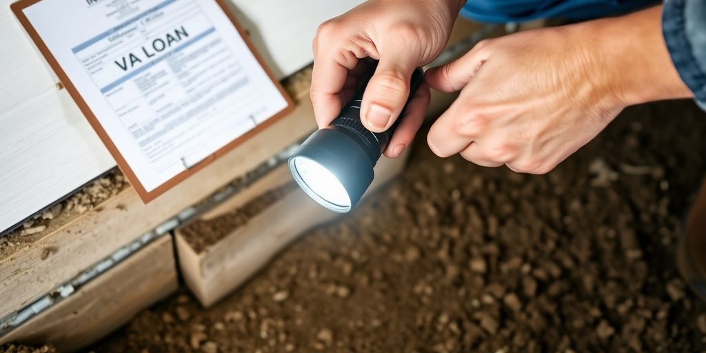 Inspector examining home's foundation with VA loan documents.