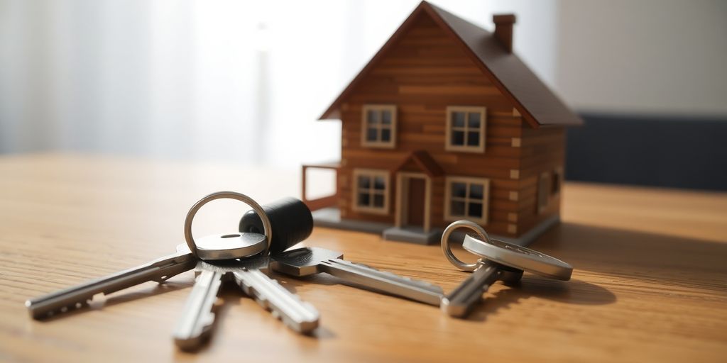 Keys on a table next to a miniature house.