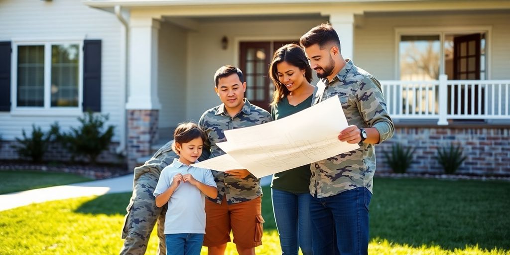 Military family looking at house plans, smiling.