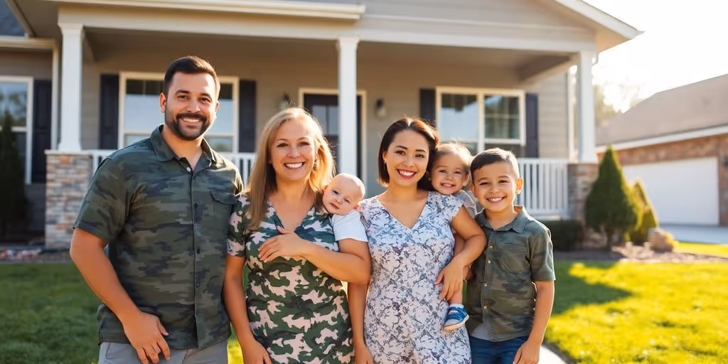 Military family in front of new home.