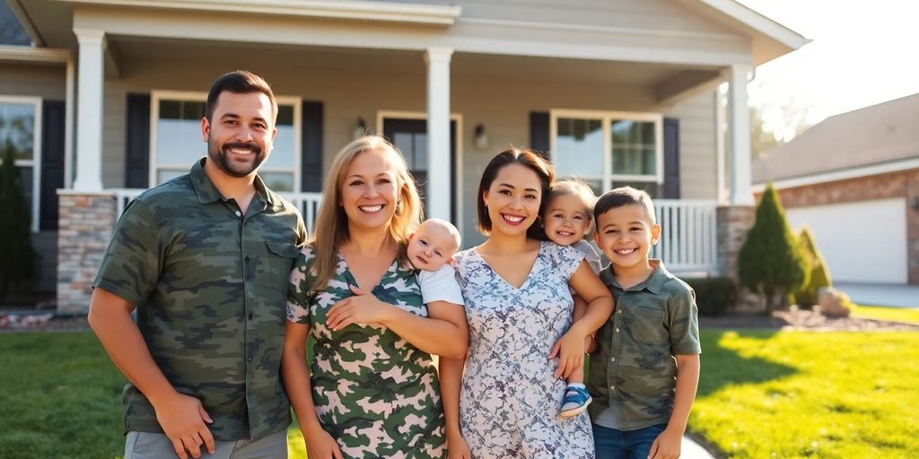 Military family in front of new home.