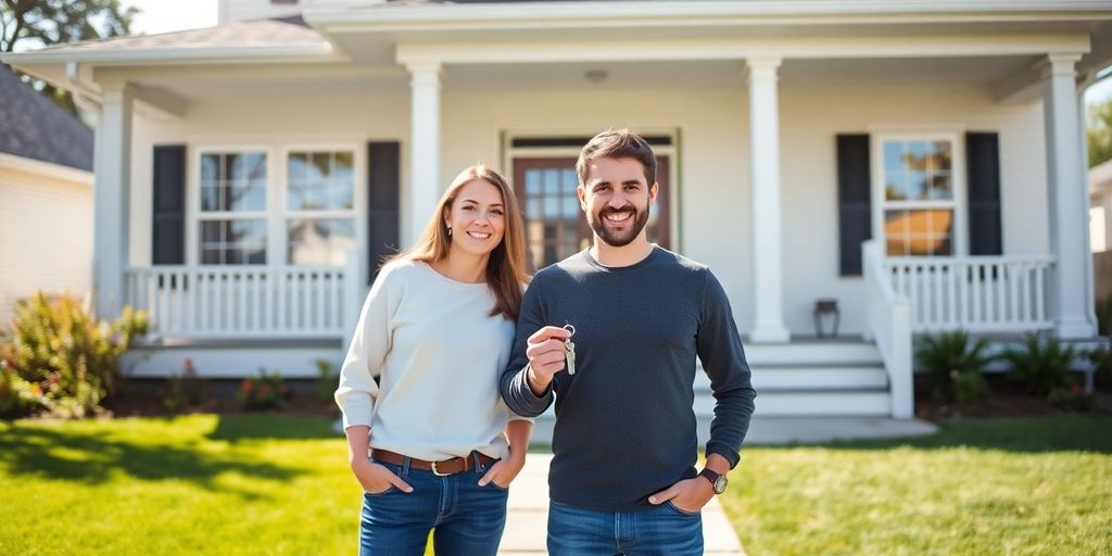 Couple smiling, holding keys to new home.