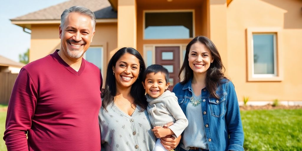 Family standing in front of new house.