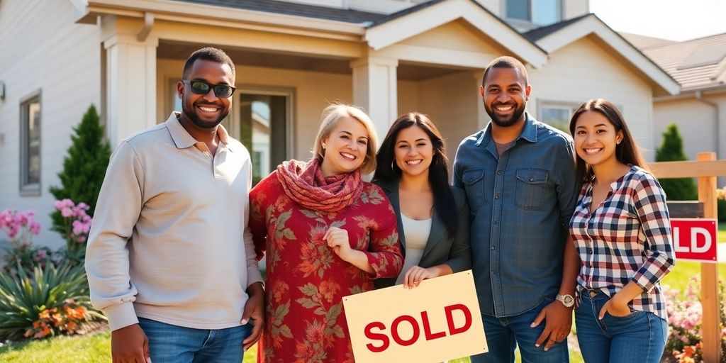 Veteran family in front of new home.