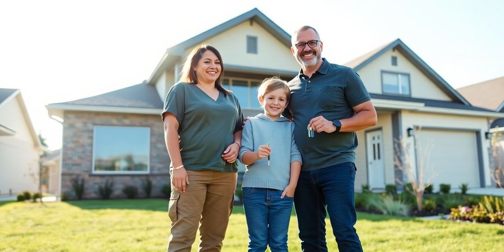Family stands before new home, holding house keys.