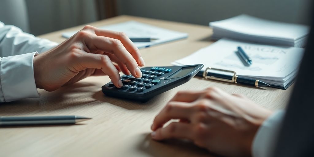 Person calculating finances, using a debt-to-income ratio calculator.