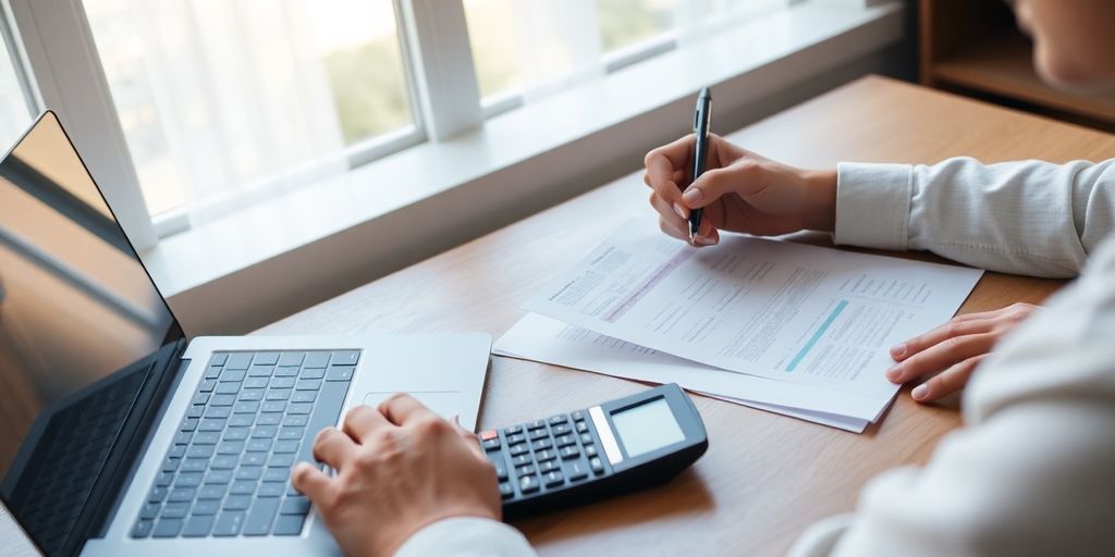 Person calculating debt-to-income ratio at desk.