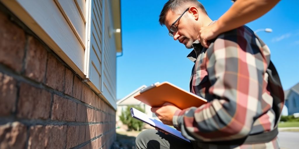 Inspector examining home's foundation and roof