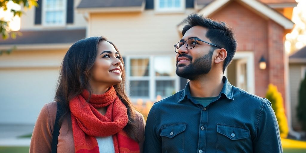 Couple standing in front of a house, looking hopeful.