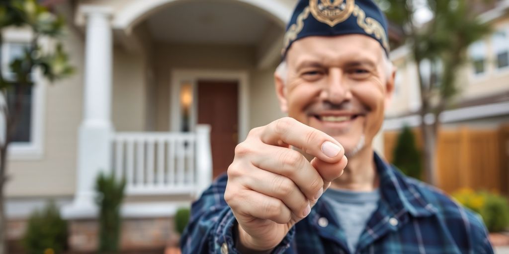 Veteran with house key in front of a new home.