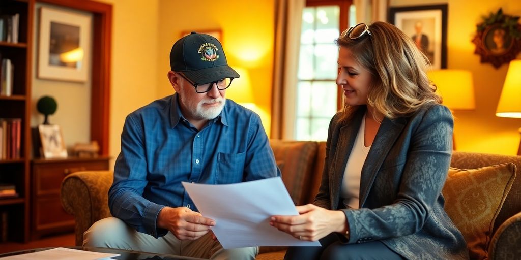 Veteran and advisor discussing VA loan paperwork in office.