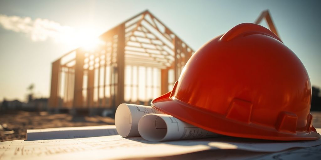 Construction site with blueprints and hard hat.