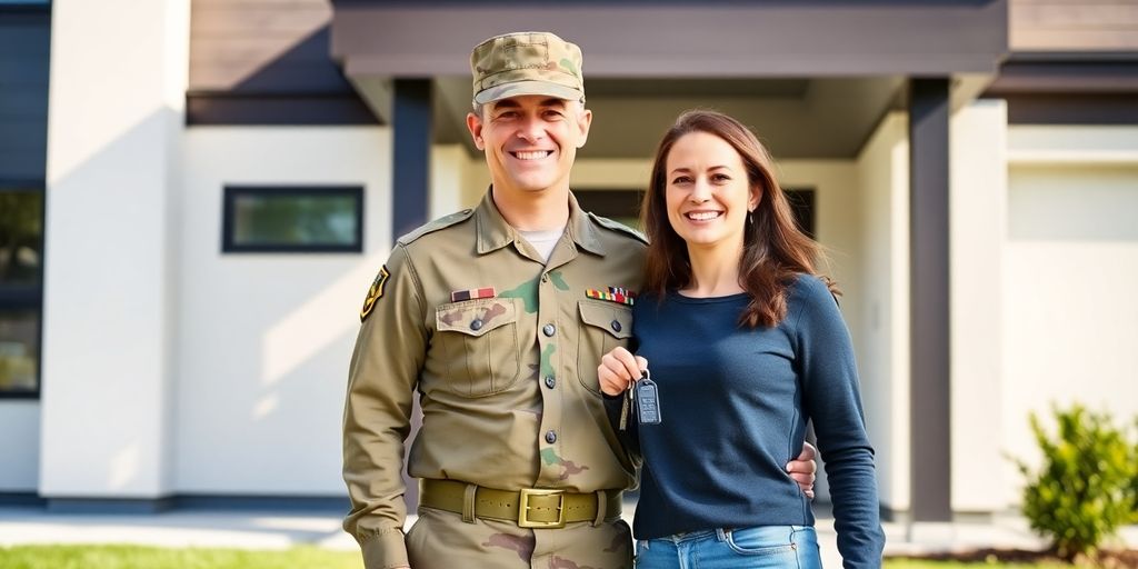 Military couple smiling with keys to new home.