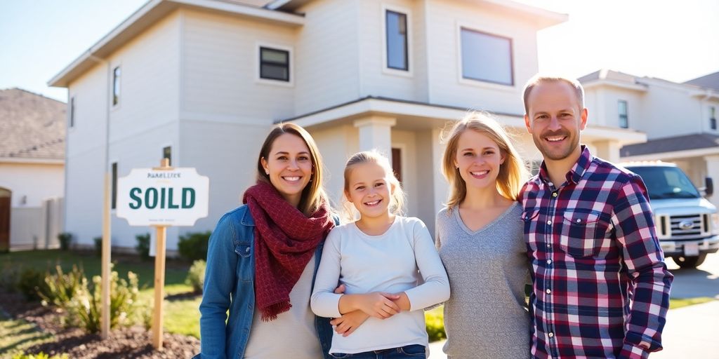 Family stands next to new home.
