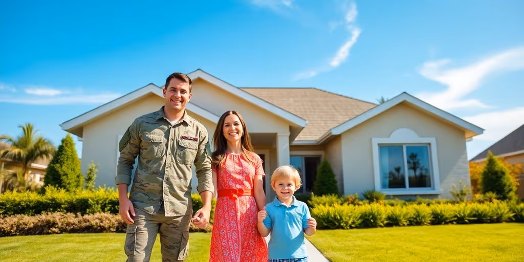 Family stands in front of their new home.