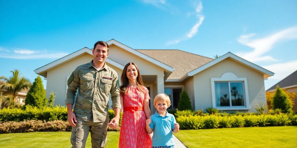 Family stands in front of their new home.