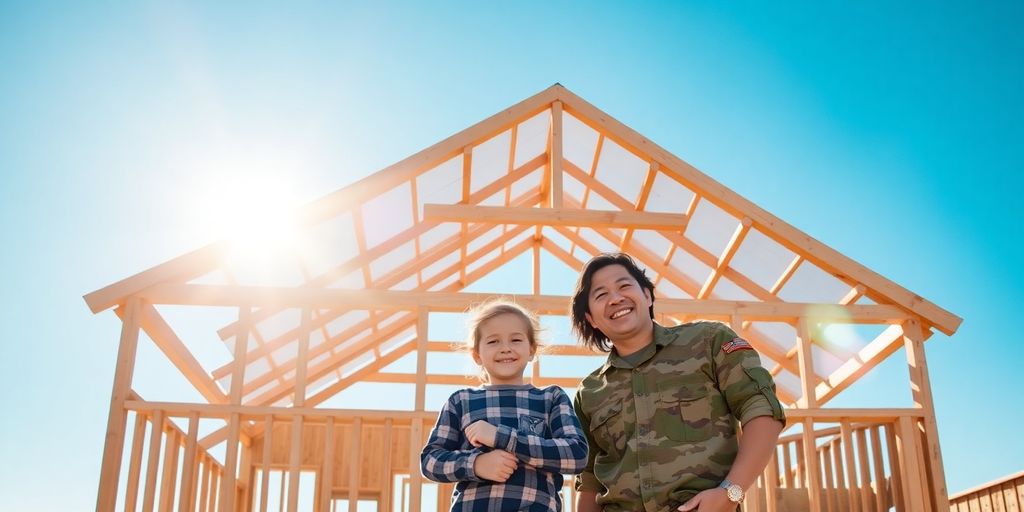 Military family in front of new home construction.