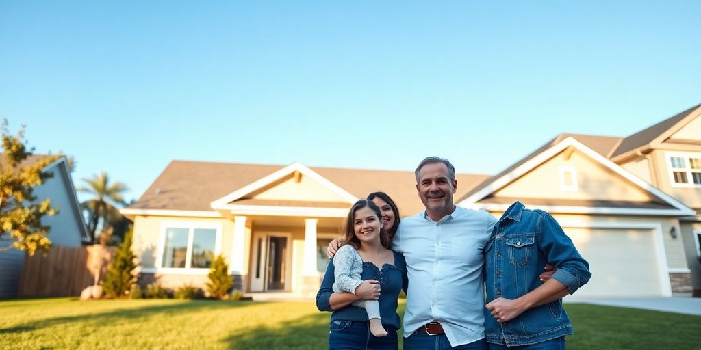 Family stands in front of a new home.
