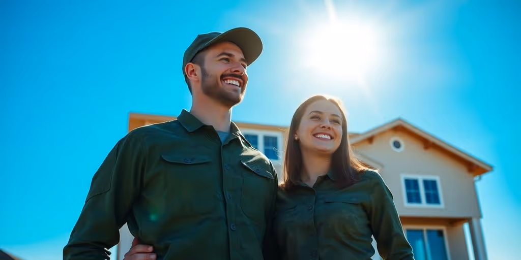Military couple smiling with house in background.