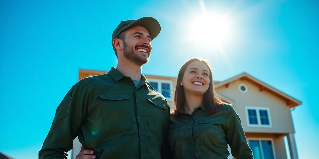 Military couple smiling with house in background.
