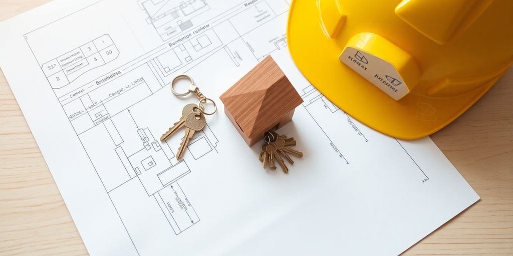 Blueprint, hard hat, keys, and house.
