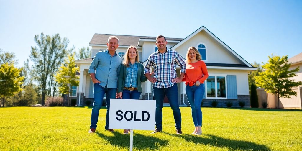Family stands in front of new home.