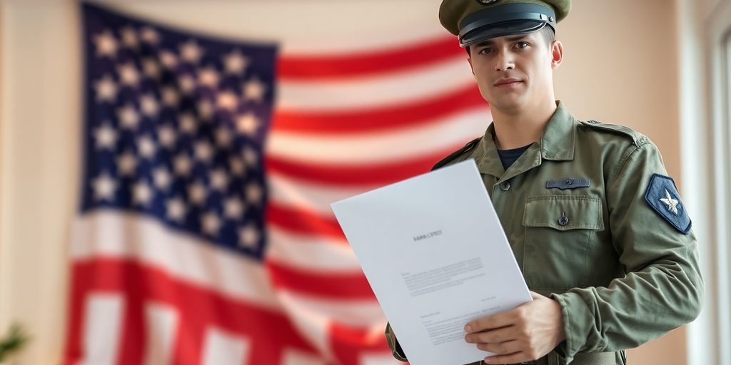 Military personnel, American flag, housing, document.
