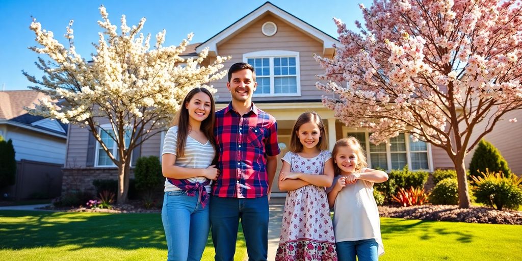 Military family in front of new house.