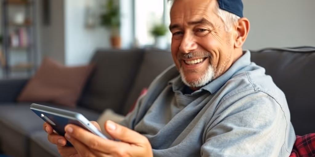 Veteran smiling, holding tablet, home in background.