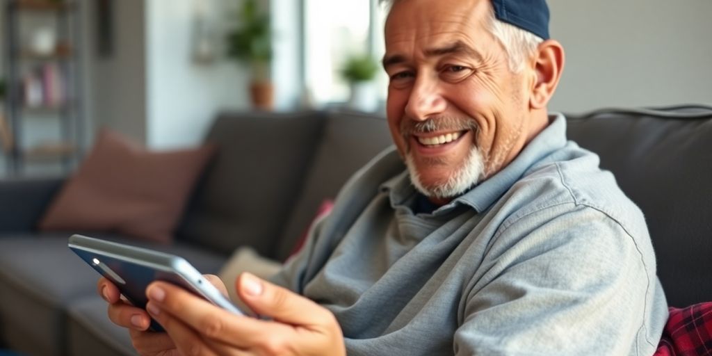 Veteran smiling, holding tablet, home in background.