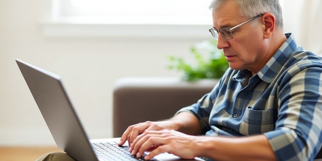 Veteran using laptop for VA loan.