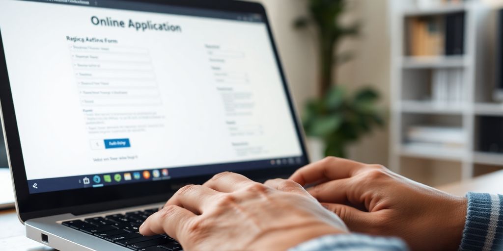 Veteran using laptop for online VA loan.