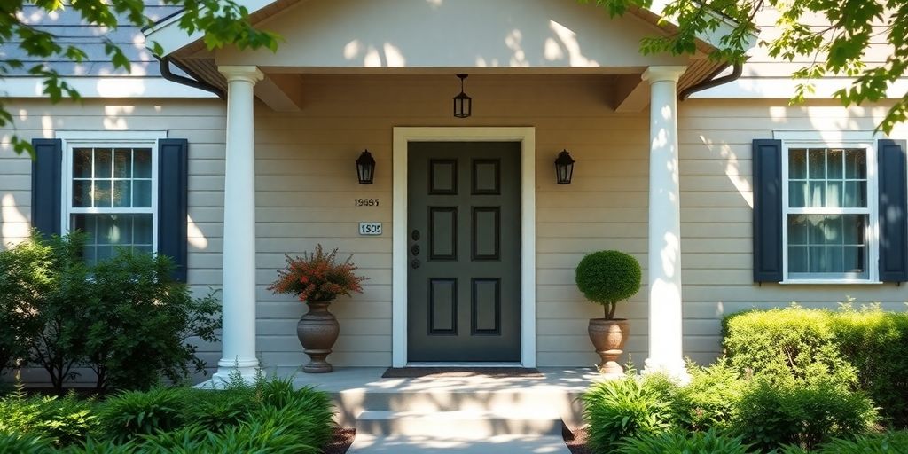 Cozy home exterior with lush greenery and sunlight.