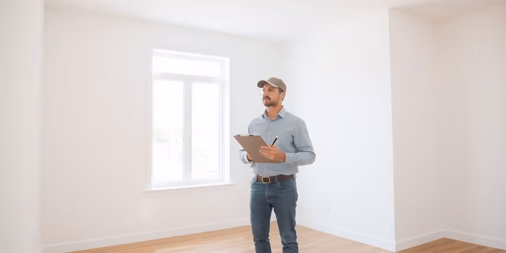 Inspector examining house interior with clipboard