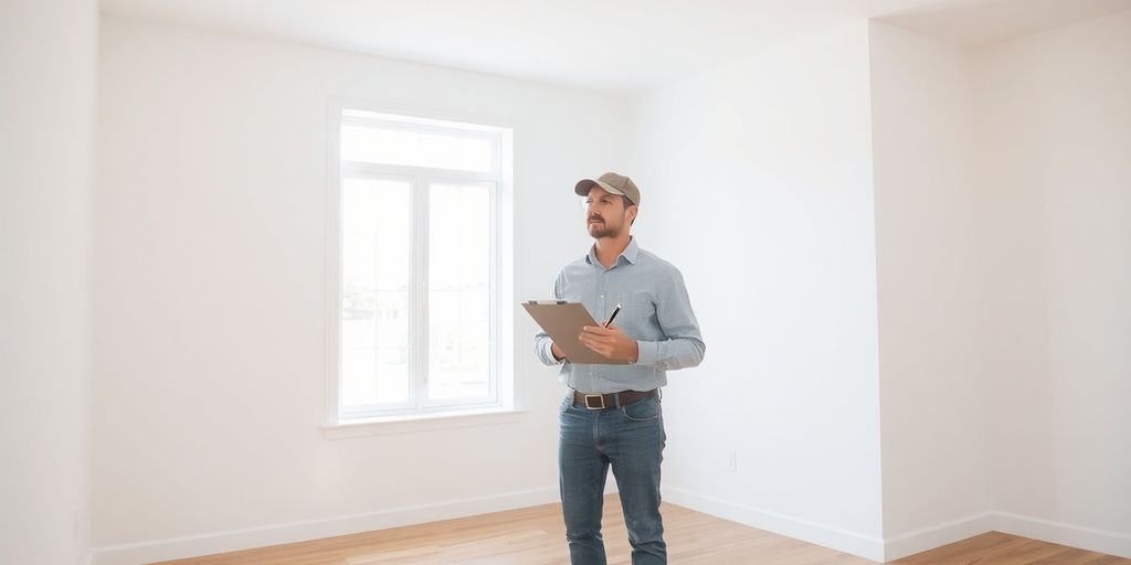 Inspector examining house interior with clipboard