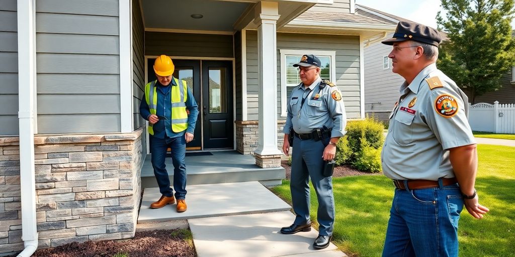 Inspector examining home's foundation with homeowner.